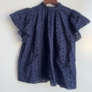 by Trovata California Birds of Paradise Navy Blue Eyelet Flutter Blouse Small